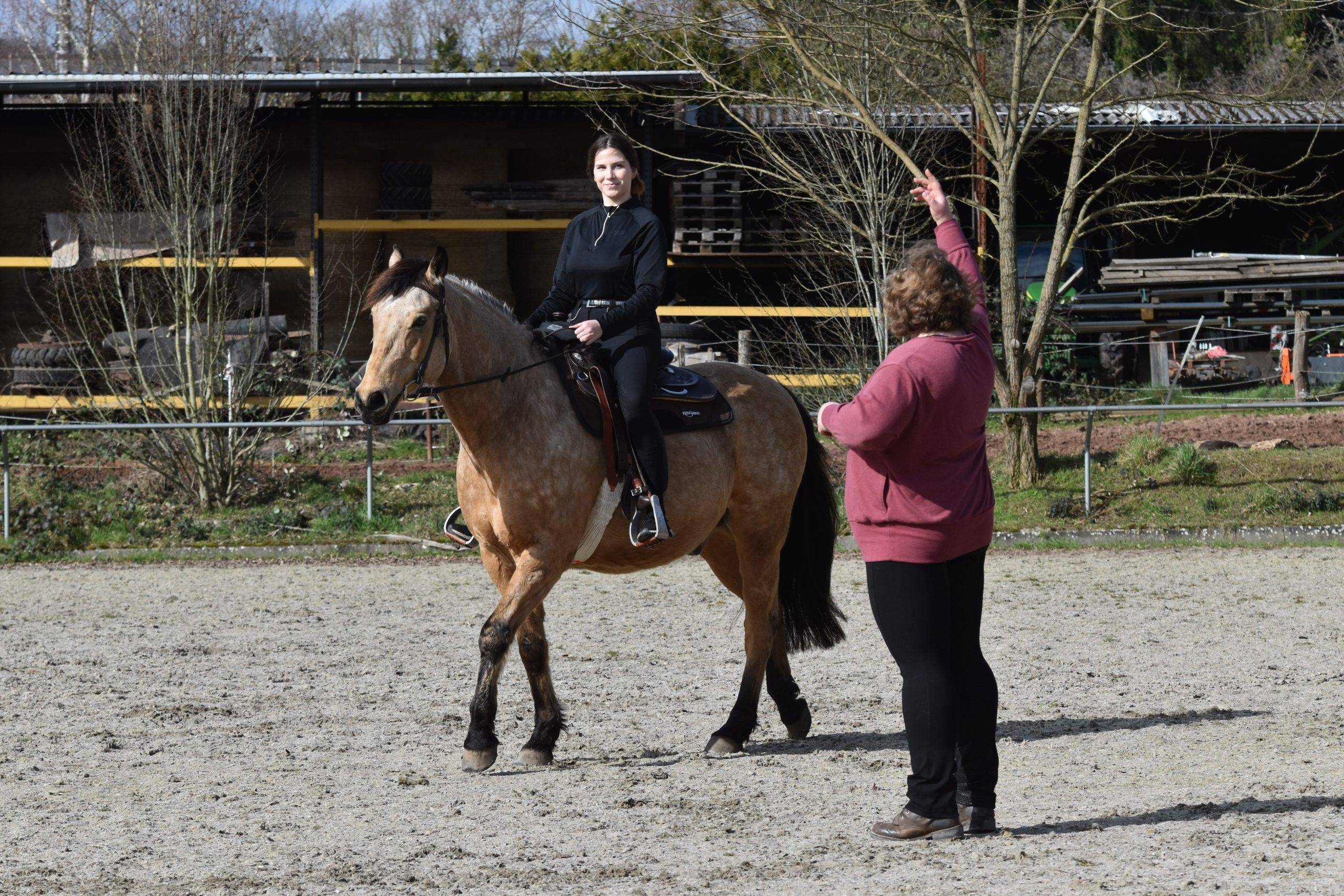 Reiterin beim Coaching mit Angstreiter-Expertin Mailin Wilkens auf einem Reitplatz im Saarpfalz Kreis